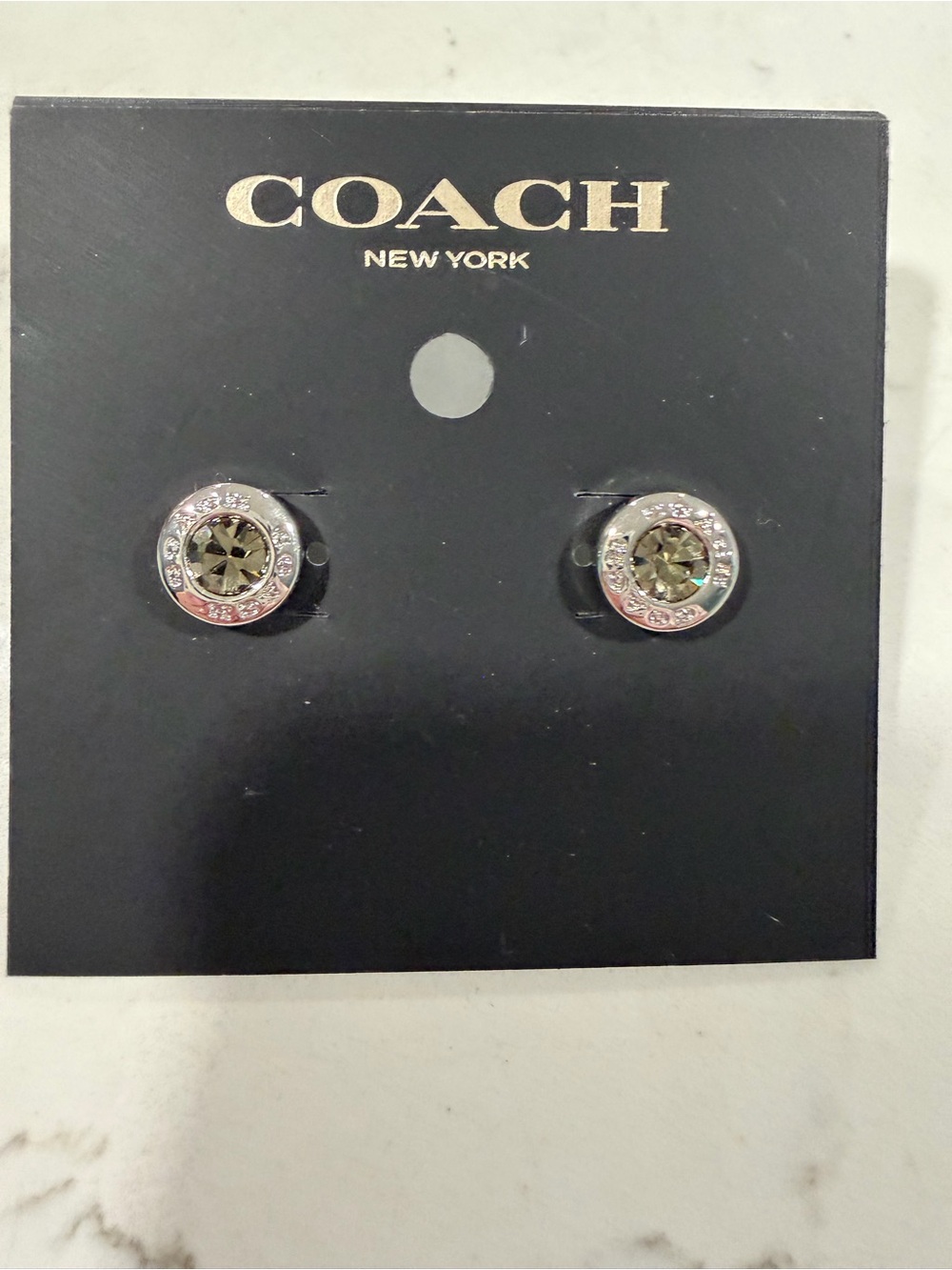 COACH Silver Stud Earrings with Olive Center Crystals